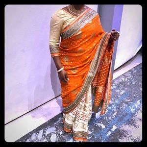 Formal Indian Saree/Sari in Orange Gold Cream